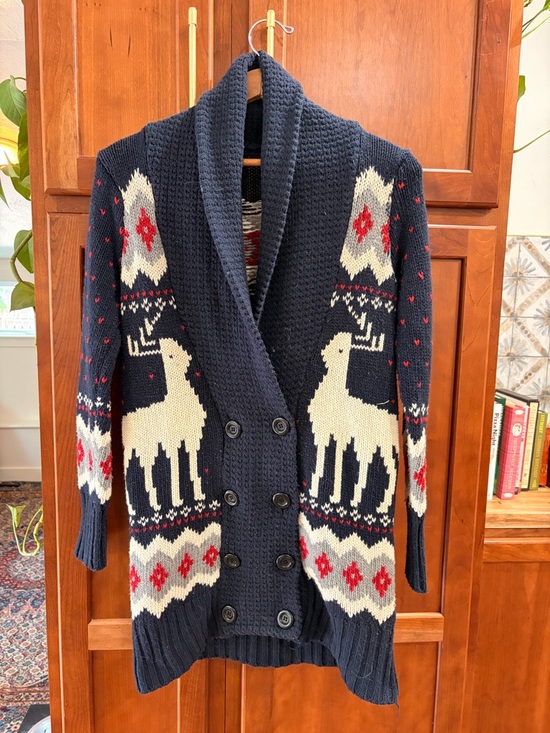 Sweaters - Knit Christmas Cardigan Navy Collar Cardigan with Cream Reindeer